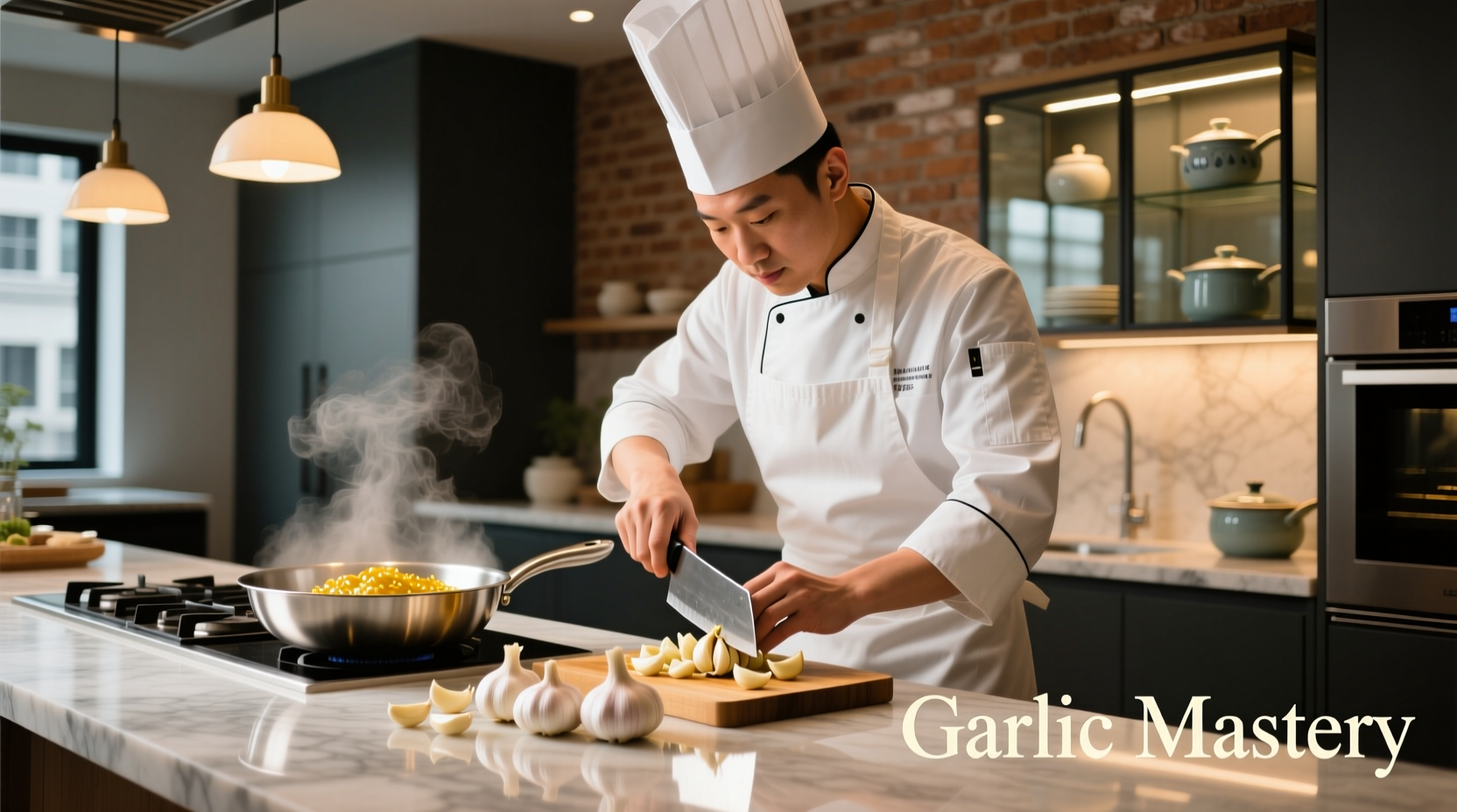Chef preparing garlic dishes in open kitchen