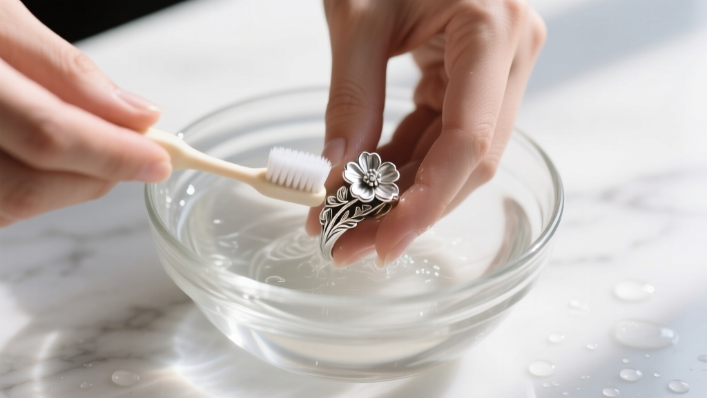 Hands gently washing a delicate silver-plated floral ring in a glass bowl of mild soapy water, using a soft baby toothbrush