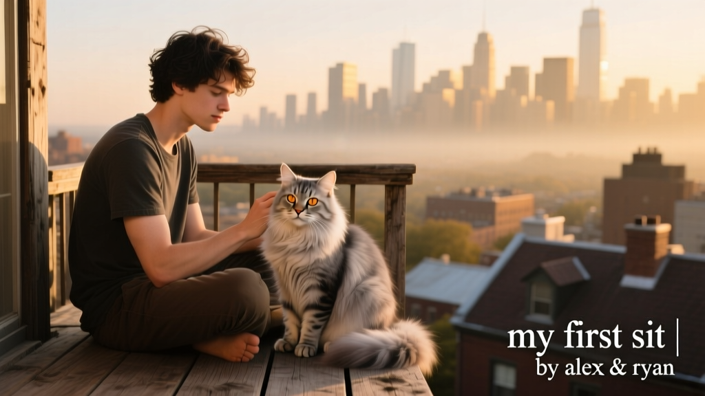 Ryan sitting cross-legged on a balcony, gently stroking Isadora, the serene Norwegian Forest cat, as city rooftops glow in soft afternoon light