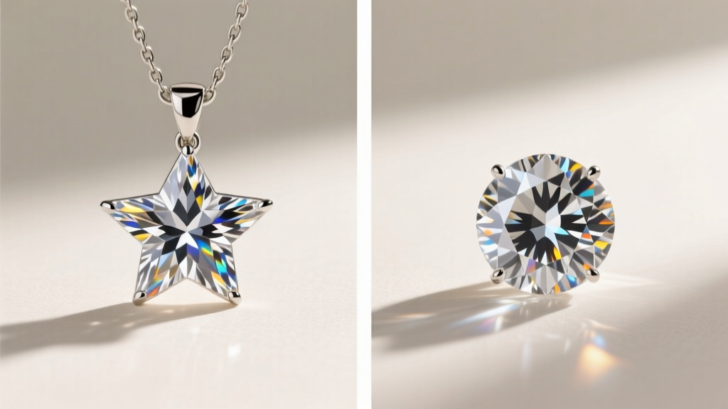Side-by-side view of a natural diamond evening star pendant and a lab-grown equivalent, highlighting identical facet patterns.
