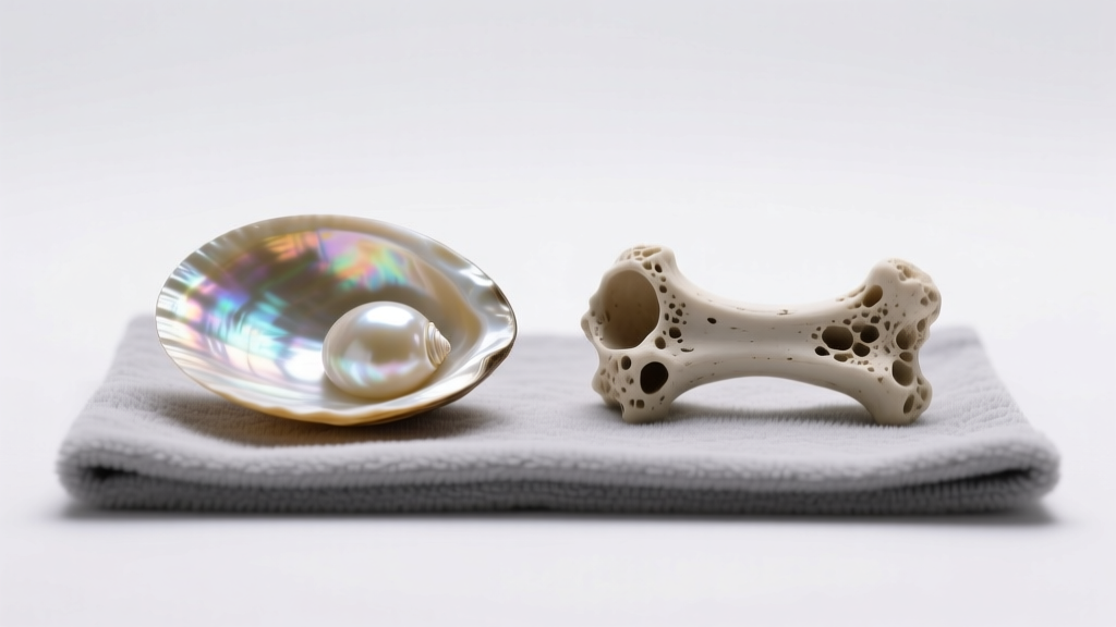 Comparison of a genuine pearlescent dentalium shell and a porous bone imitation resting on a soft gray microfiber cleaning cloth.