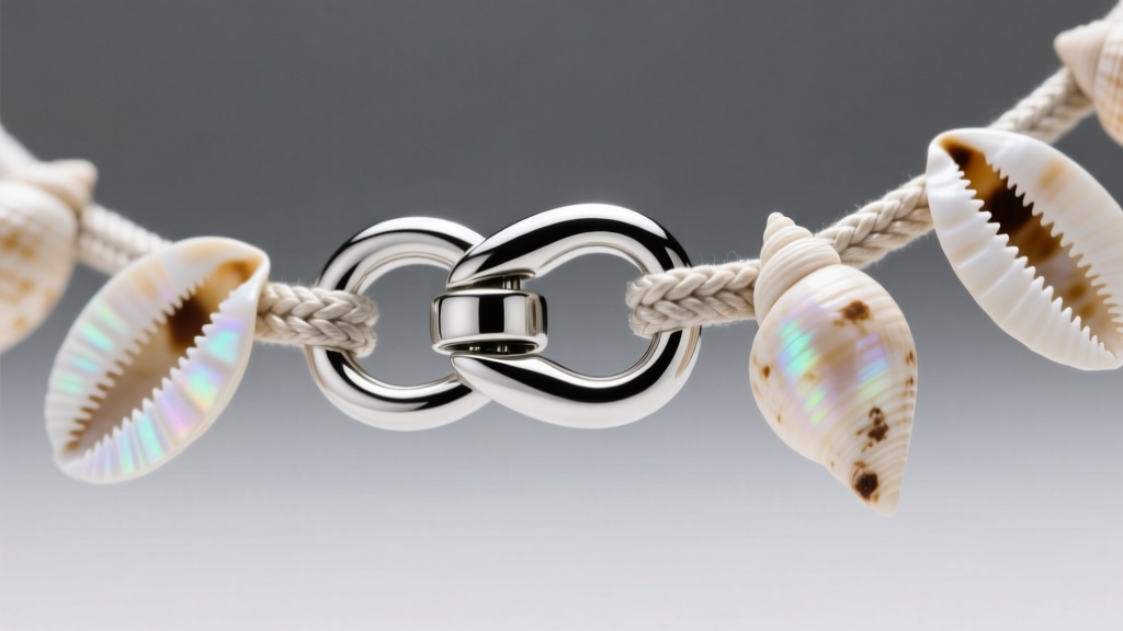 Close-up of a 316L stainless steel lobster clasp on a bonded nylon cord for a cowrie shell necklace under bright studio lighting