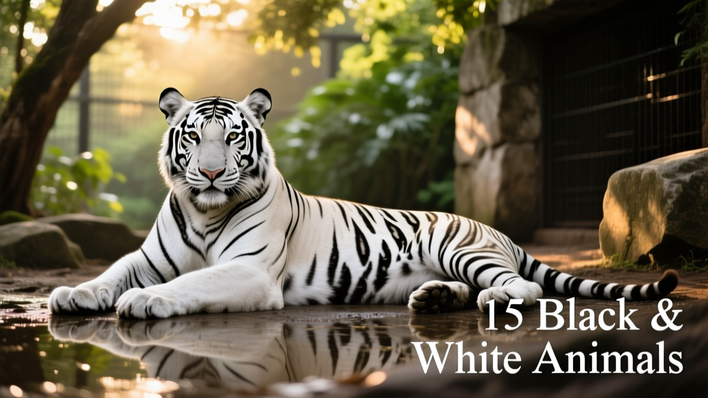 White tiger resting in shaded enclosure with visible striped pattern