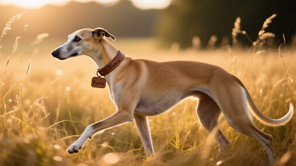 Whippet walking gracefully through long grass in a sun-dappled field