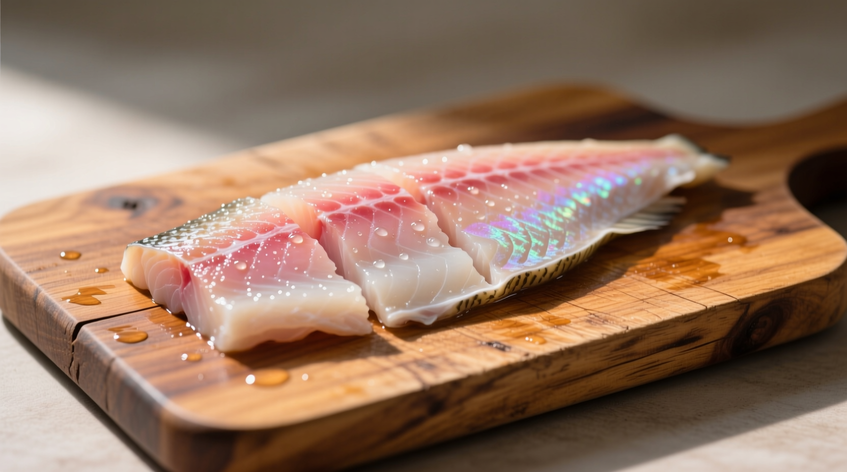 Fresh haddock fillet on wooden cutting board