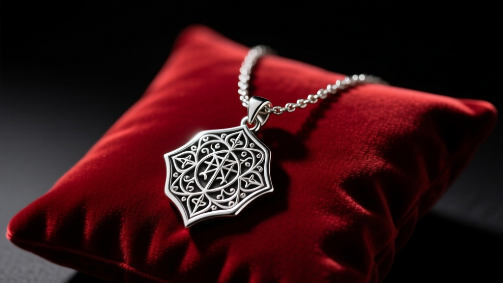 Sterling silver Dante Sparda amulet necklace resting on dark red velvet, illuminated by moody, dramatic studio lighting.