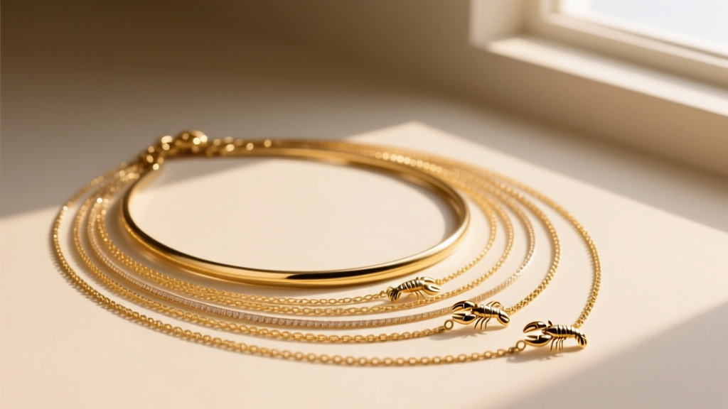 Side view of layered gold necklaces, highlighting 16 and 18-inch chain drape, small lobster clasps, soft natural daylight