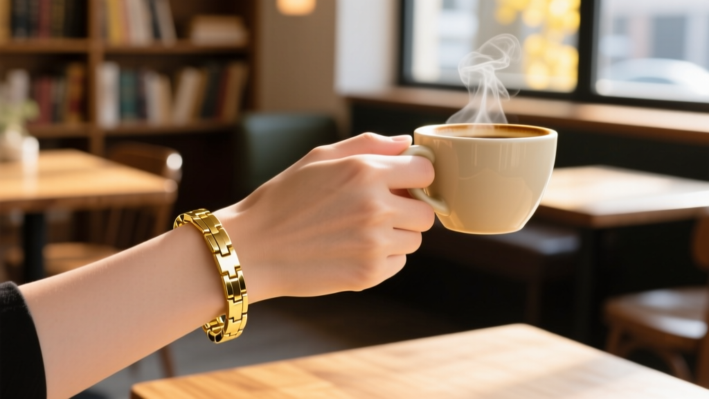 Wrist wearing an 18k gold PVD stainless steel tennis bracelet, holding a coffee cup, blurred cafe background, bright daylight