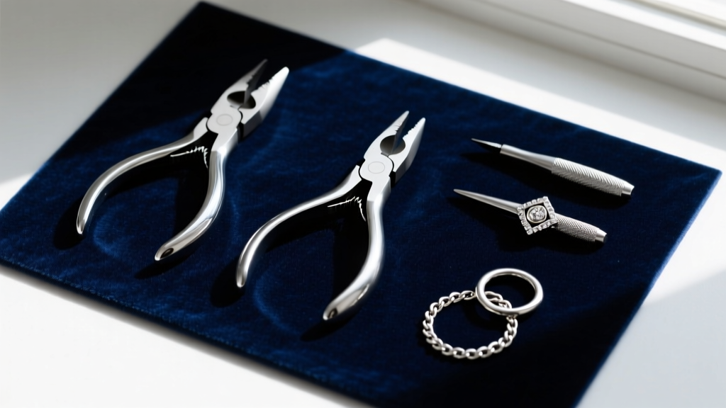 Flush cutters, chain nose pliers, and jump ring tools arranged neatly on a dark navy velvet mat for permanent jewelry assembly.