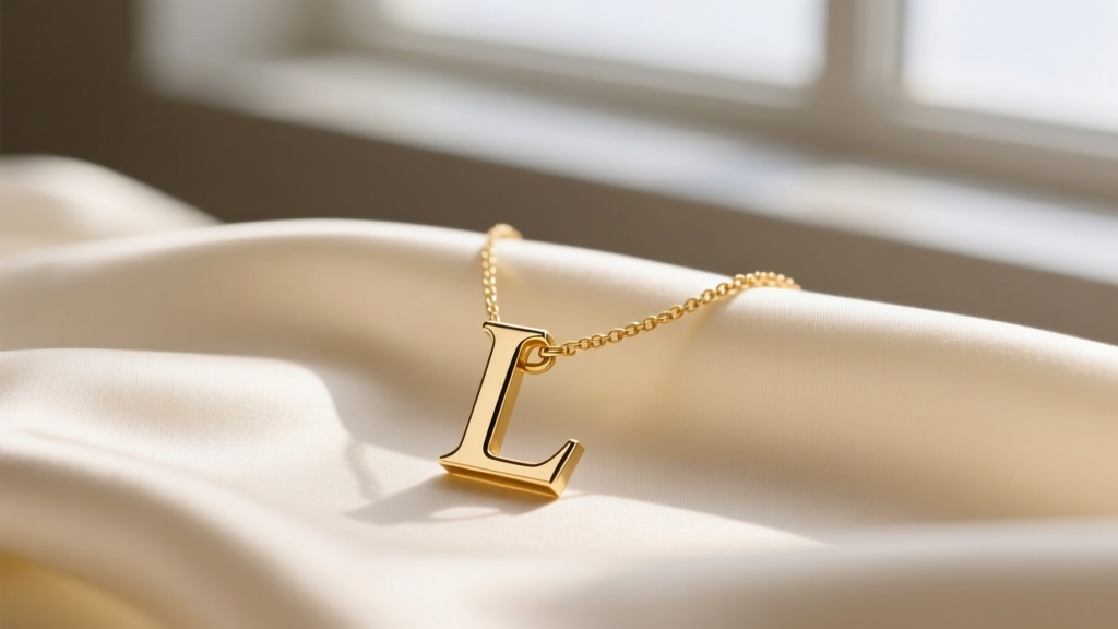 Close-up of a delicate 14k solid gold initial L necklace resting on cream silk, highlighting the 90-degree angle and bail.