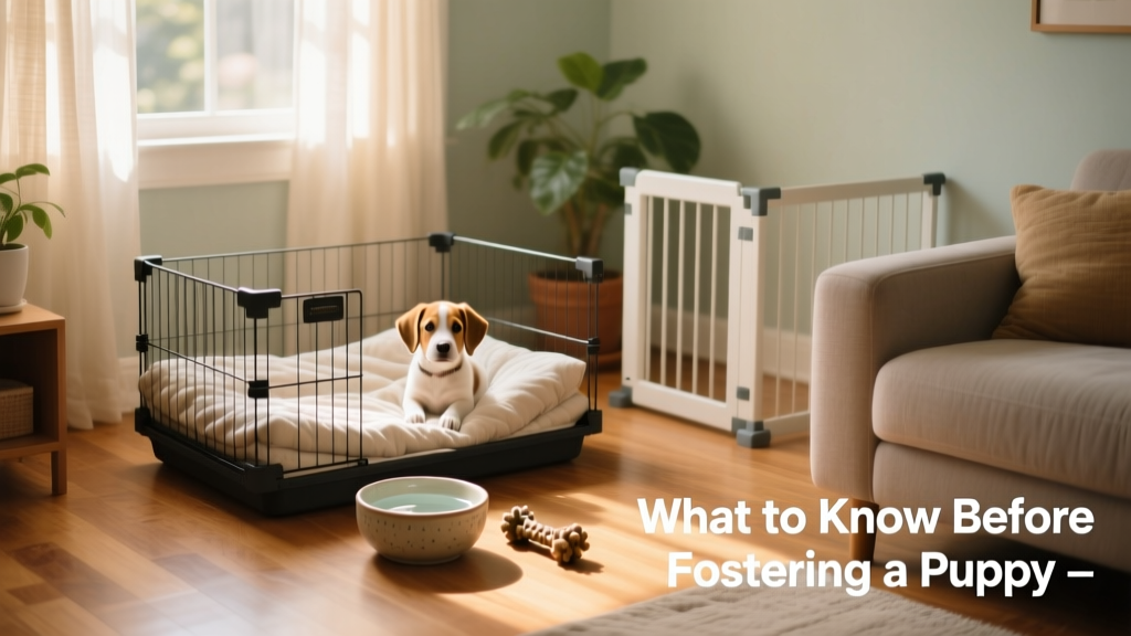 A tidy, sunlit living room corner set up for a foster puppy: crate with soft bedding, water bowl, chew toy, and baby gate nearby