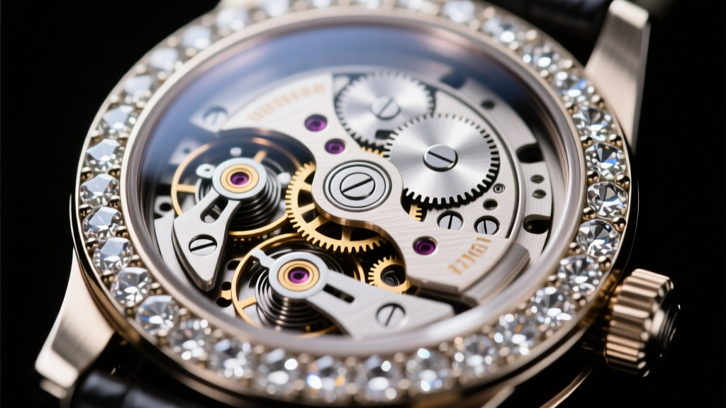 Macro shot of a mechanical watch movement through a sapphire caseback, surrounded by a bezel paved with brilliant-cut diamonds.