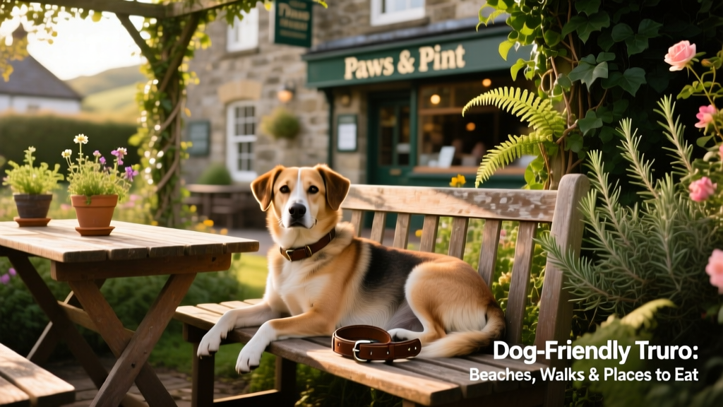 A dog relaxing in the garden of a dog-friendly pub in Truro, with rustic tables and greenery nearby