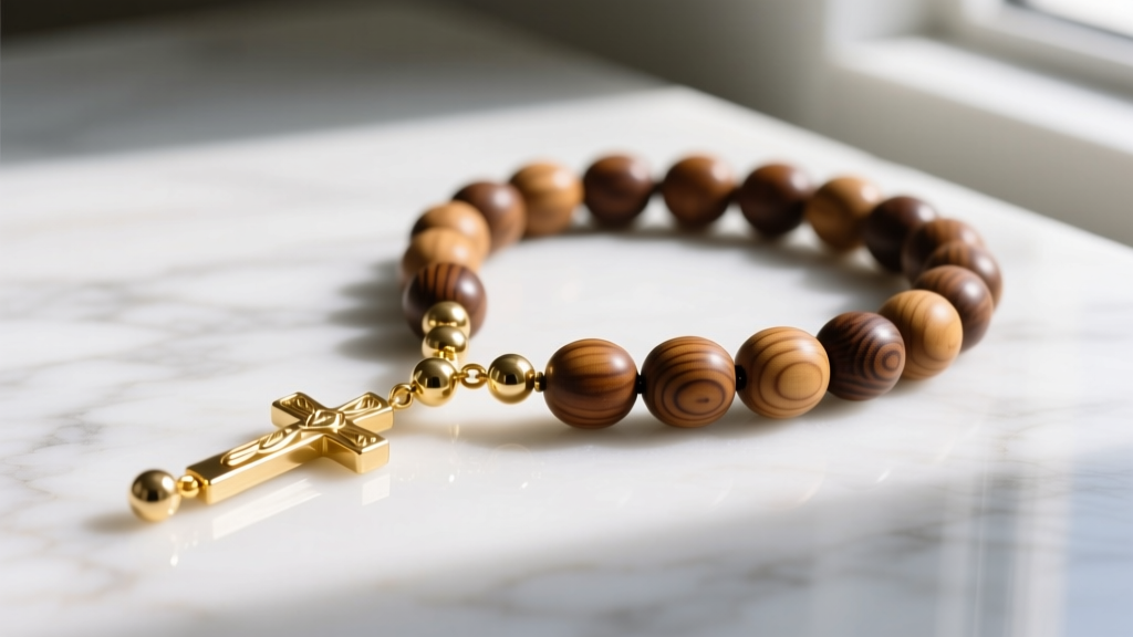 Delicate 14k gold fashion rosary with 4mm beads beside an 8mm olive wood traditional rosary on a bright white marble surface.