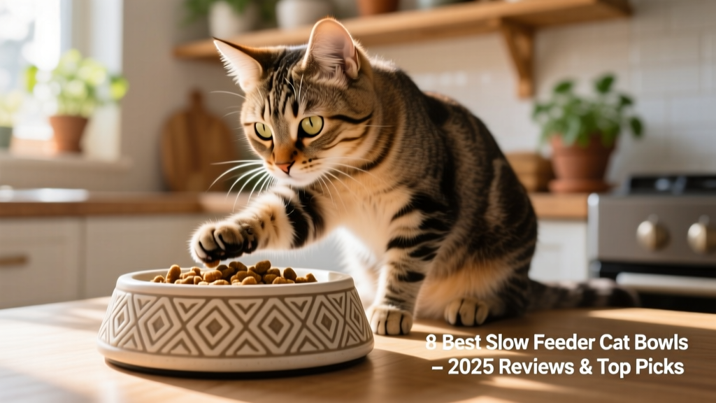 A curious cat gently pawing at a textured slow feeder bowl filled with kibble