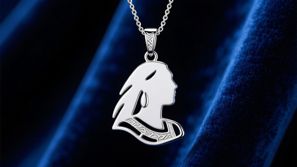 Sterling silver Pocahontas silhouette pendant on navy velvet, showing crisp metal edges under soft directional studio lighting.