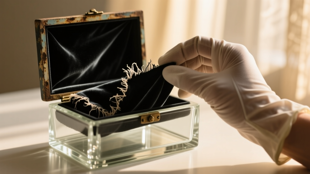 Hands carefully removing degraded tarnished black velvet lining from a vintage glass jewelry box to reveal the pristine glass base