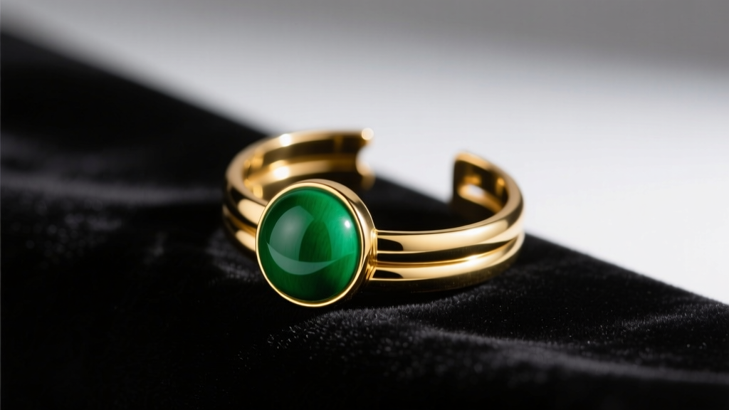 Gold potara earring ear cuff with a green enamel sphere resting on dark velvet under bright studio lighting.