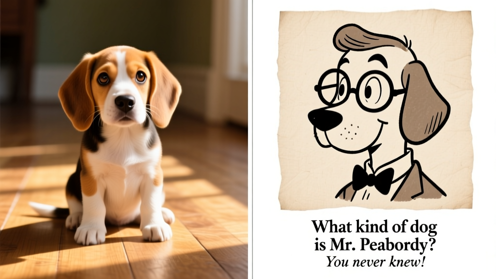 Side-by-side comparison: a realistic Beagle puppy sitting attentively beside a vintage-style illustration of Mr. Peabody in glasses and bowtie