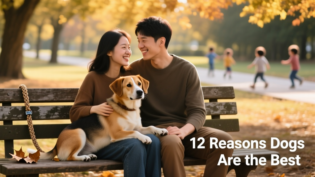 A couple sits together on a park bench with their calm, happy dog between them
