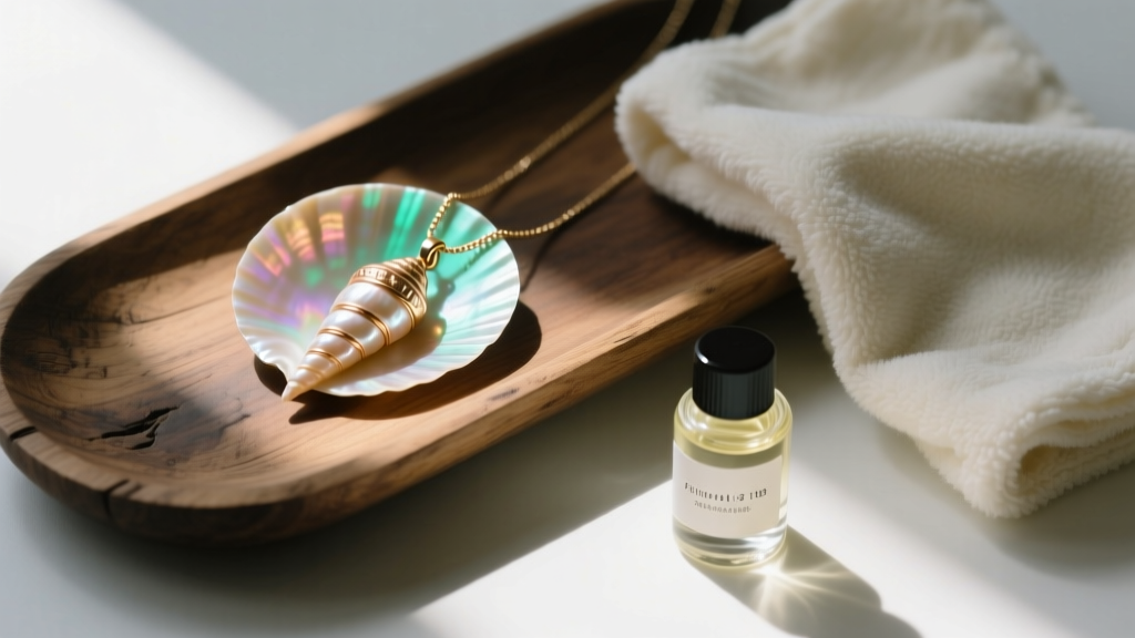 Flat lay of a cone shell pendant, a soft microfiber cloth, and a small bottle of mineral oil on a rustic wooden jewelry tray