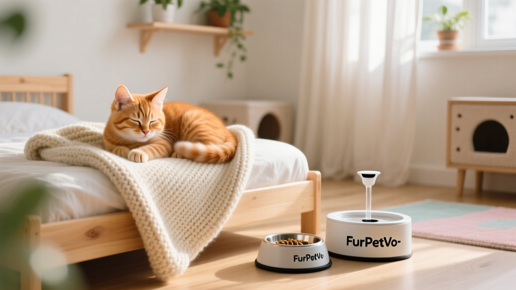 A relaxed kitten napping in a cozy bed beside a FurPetVo-branded food bowl and water fountain
