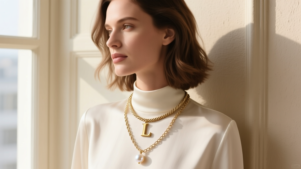 Woman wearing a layered stack with a 16-inch cable chain letter L pendant and an 18-inch rolo chain featuring a single pearl drop.