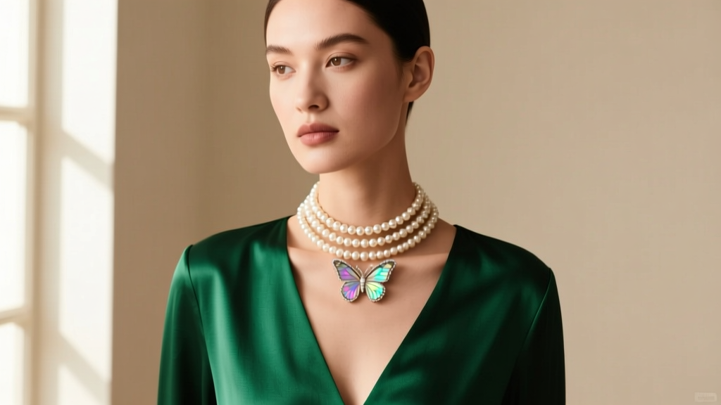 Portrait of a model wearing a layered pearl butterfly choker over a deep V-neck silk blouse, lit by soft natural window light.