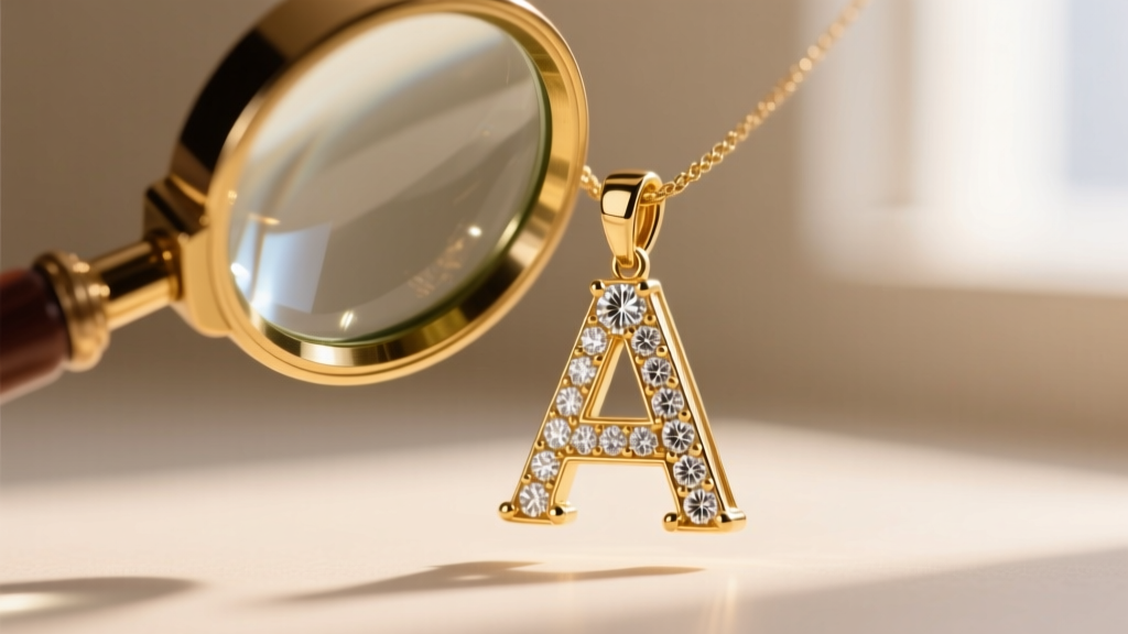 Macro shot of a loupe inspecting the micro-pavé diamond setting on a custom gold letter pendant, revealing intricate prong work.