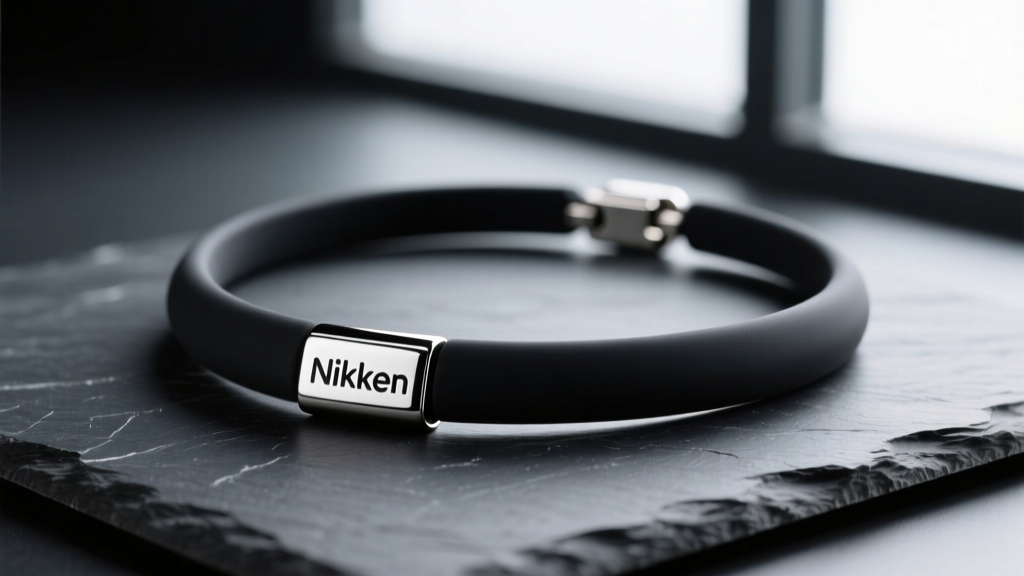 Black silicone Nikken magnetic necklace on dark slate, soft studio lighting highlighting the metallic clasp and smooth casing.