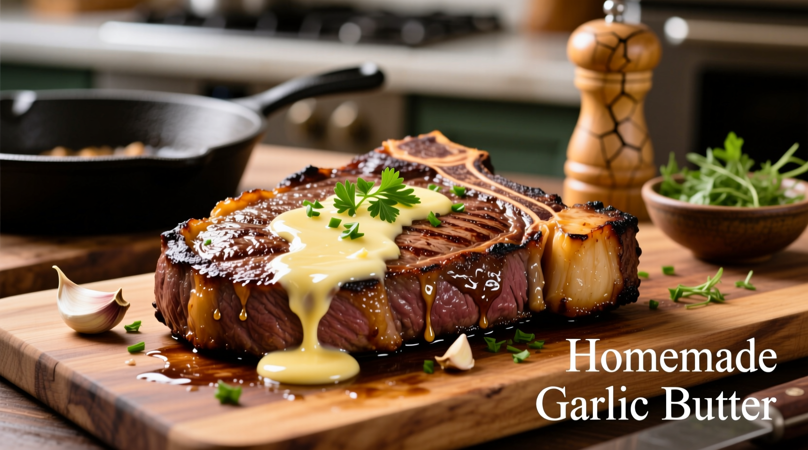 Homemade garlic butter melting over grilled steak