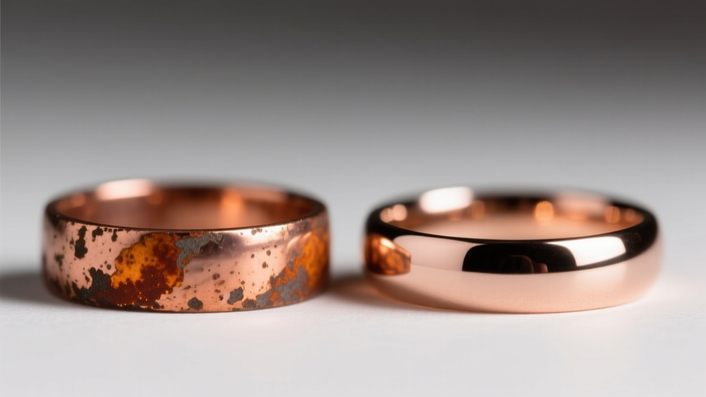 Tarnished rose gold ring showing copper oxidation on the left, beside a fully restored ring gleaming under bright studio lighting.
