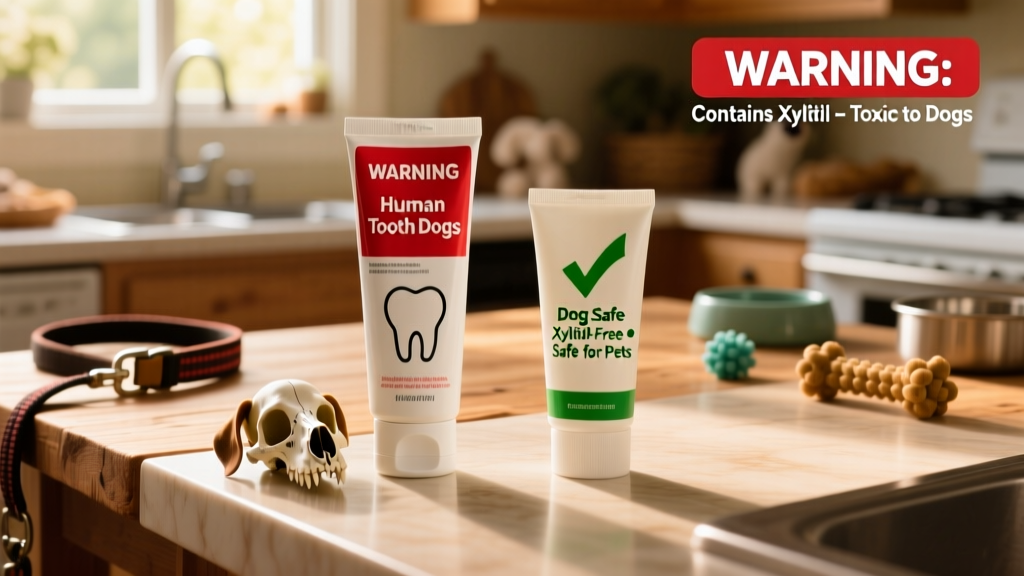 Side-by-side comparison of human toothpaste and dog-safe toothpaste, highlighting xylitol warning on human version