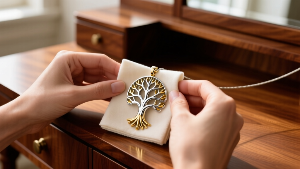 Hands polishing a two-tone silver and gold family tree pendant with a microfiber cloth over a warm wooden vanity table surface.