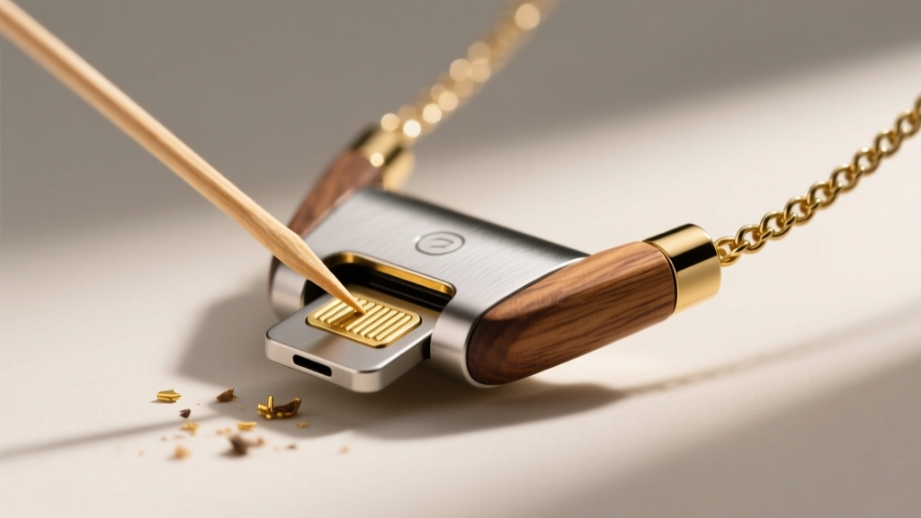 Side view of a magnetic charging port on a tech necklace, showing a wooden toothpick removing debris from the gold contact pins