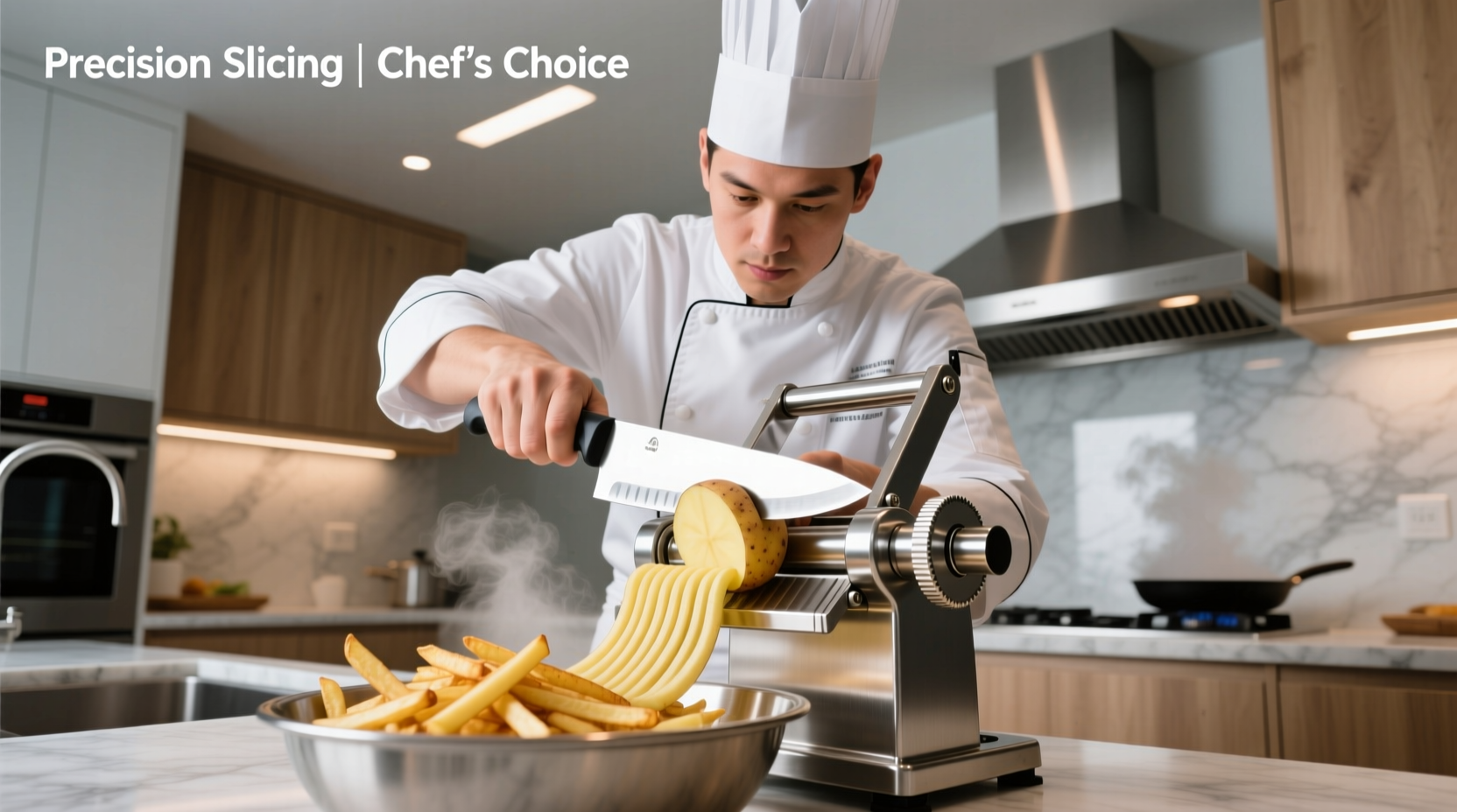 Professional chef using adjustable potato slicer for consistent fries
