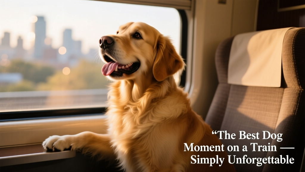 Golden Retriever looking up warmly at the camera, tongue lolling, with soft natural light filtering through the train window