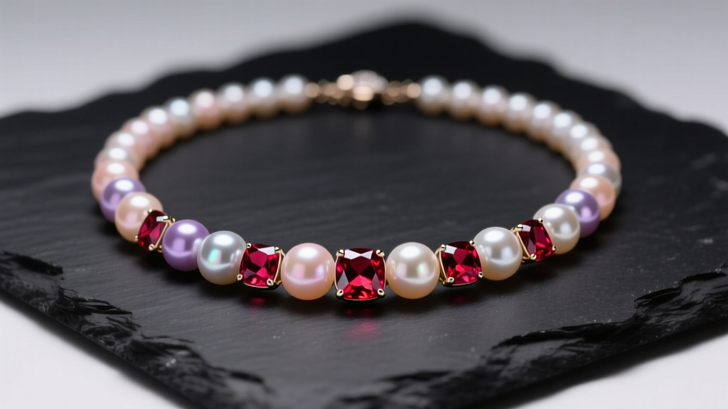 Close-up of a pearl and ruby necklace on dark slate, showing iridescent nacre and red gemstone inclusions under soft studio lighting