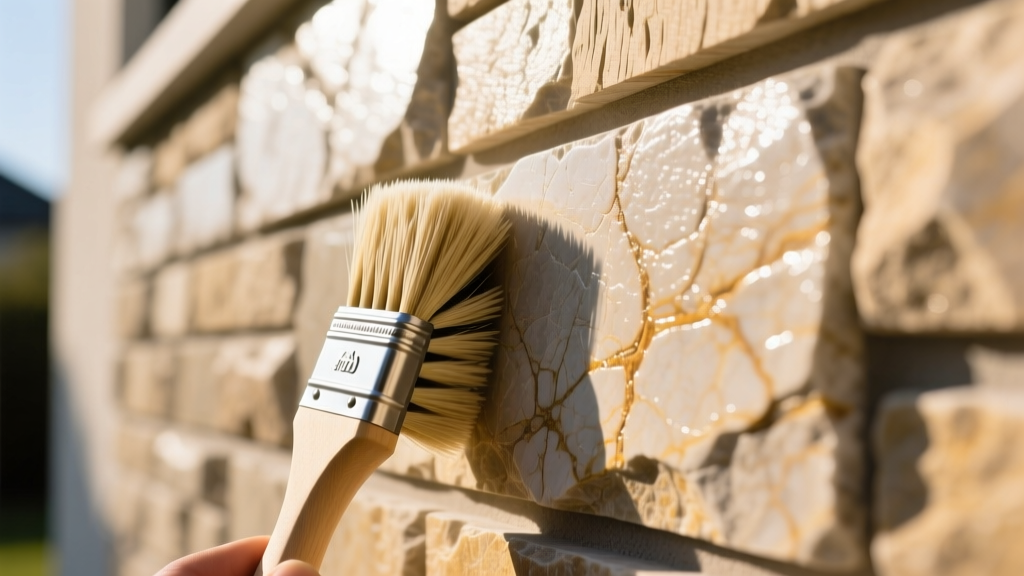 Close-up of soft bristle brush cleaning textured polyurethane faux veneer stone panels on an exterior accent wall in bright daylight.