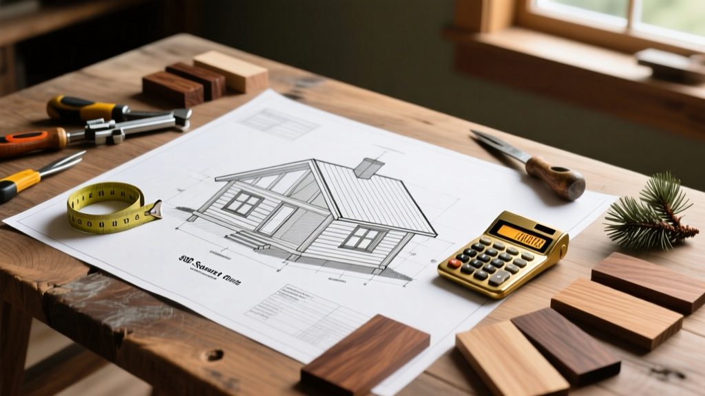 Architectural blueprints of an 800-square-foot timber-frame cottage on a wooden table with a calculator, tape measure, and wood samples