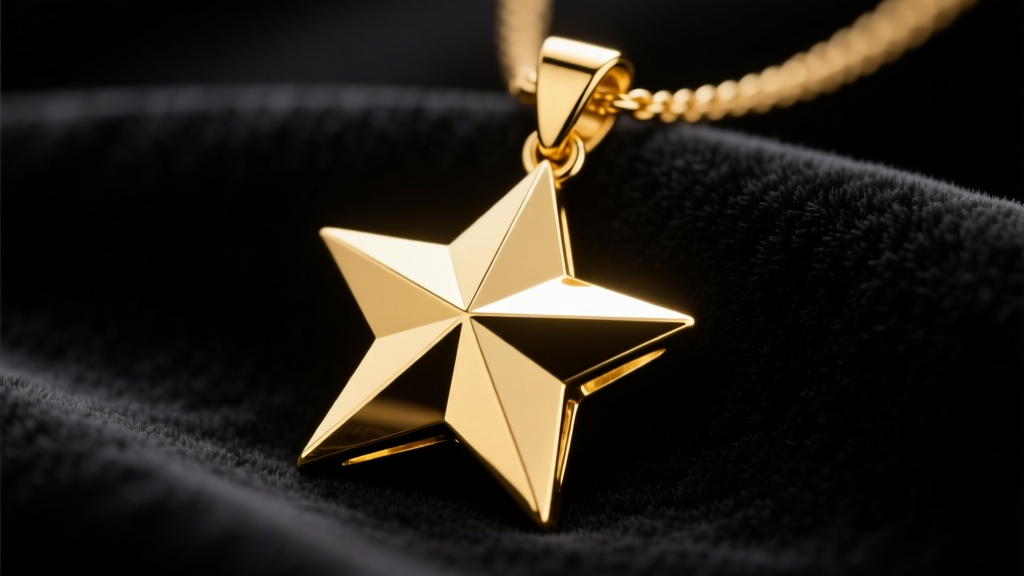 Close-up of a solid 14k yellow gold star pendant resting on dark velvet, illuminated by soft directional studio lighting.