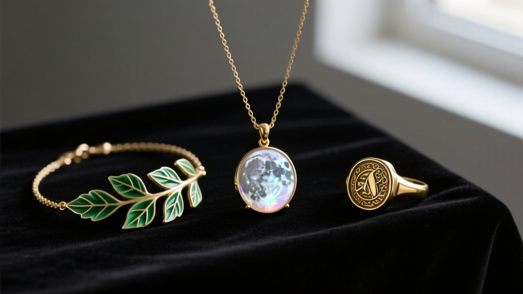 Dark velvet display of three necklace themes: a celestial moonstone pendant, a botanical leaf choker, and a vintage gold signet.
