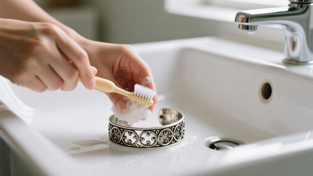 Hands scrubbing an oxidized silver cuff bracelet with a soft baby toothbrush and mild soapy water over a white ceramic sink basin.