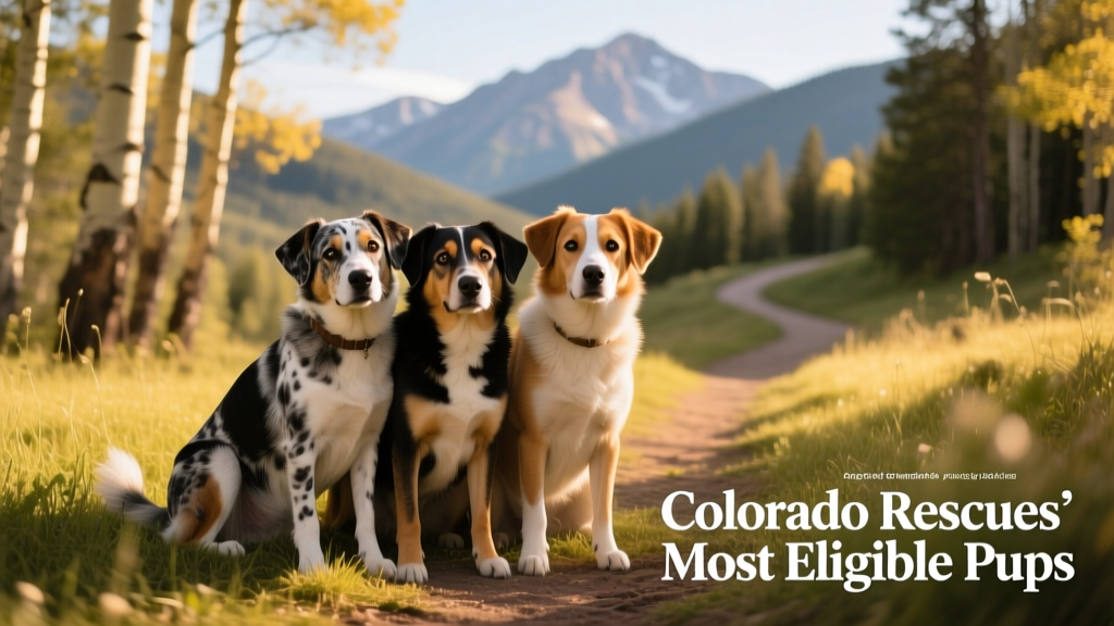 Three friendly, medium-sized mixed-breed dogs sitting together on a grassy trail in Colorado