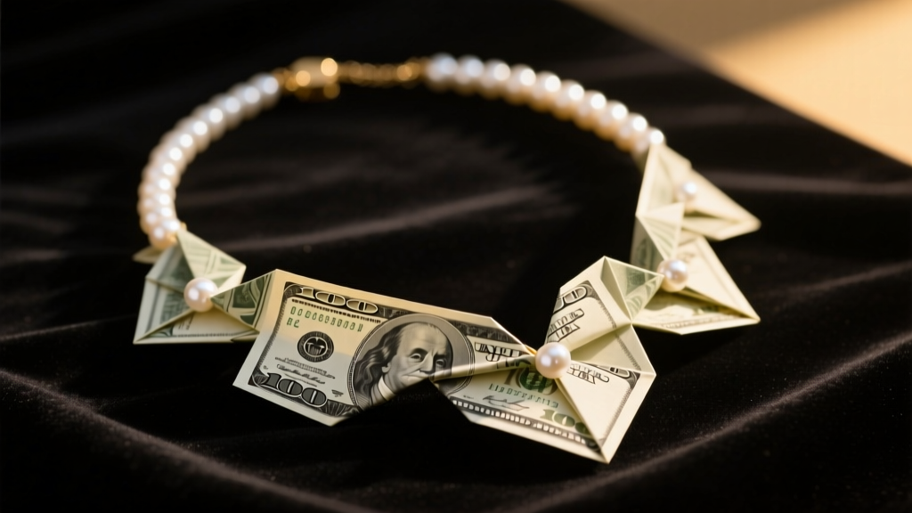 Origami-folded twenty-dollar bills and white pearls strung as a graduation money necklace on black velvet, warm lighting