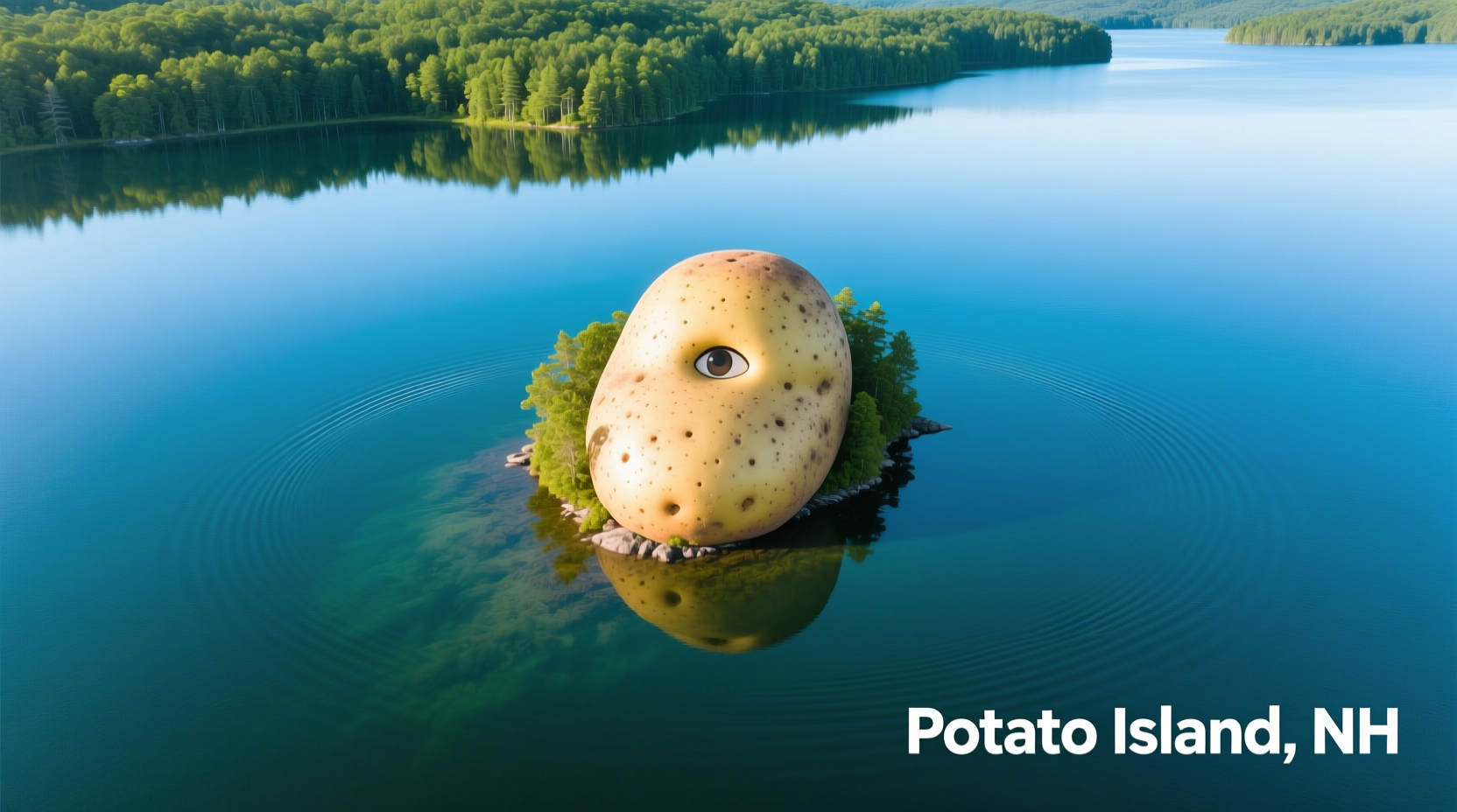 Aerial view of Potato Island showing distinctive potato shape in Lake Winnipesaukee