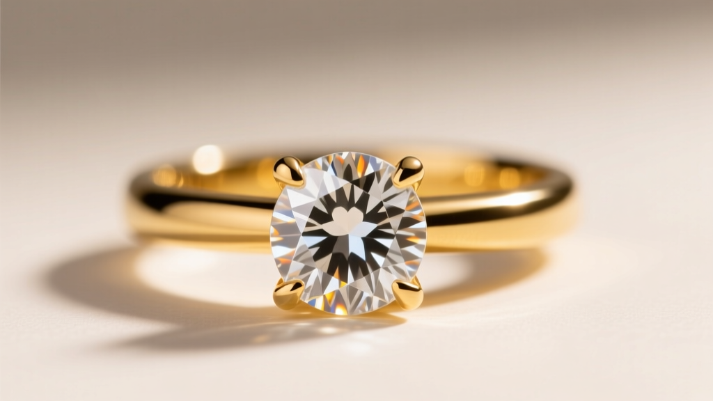 A 14k yellow gold four-prong setting holding a round brilliant lab-grown diamond, photographed from a low angle against soft light