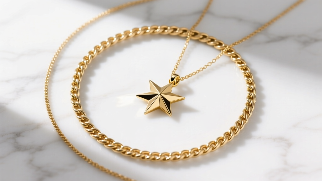 Flat lay of three gold chains: a 1.2mm cable, a 2.5mm rope, and a 20-inch gold starburst pendant, arranged on white marble.