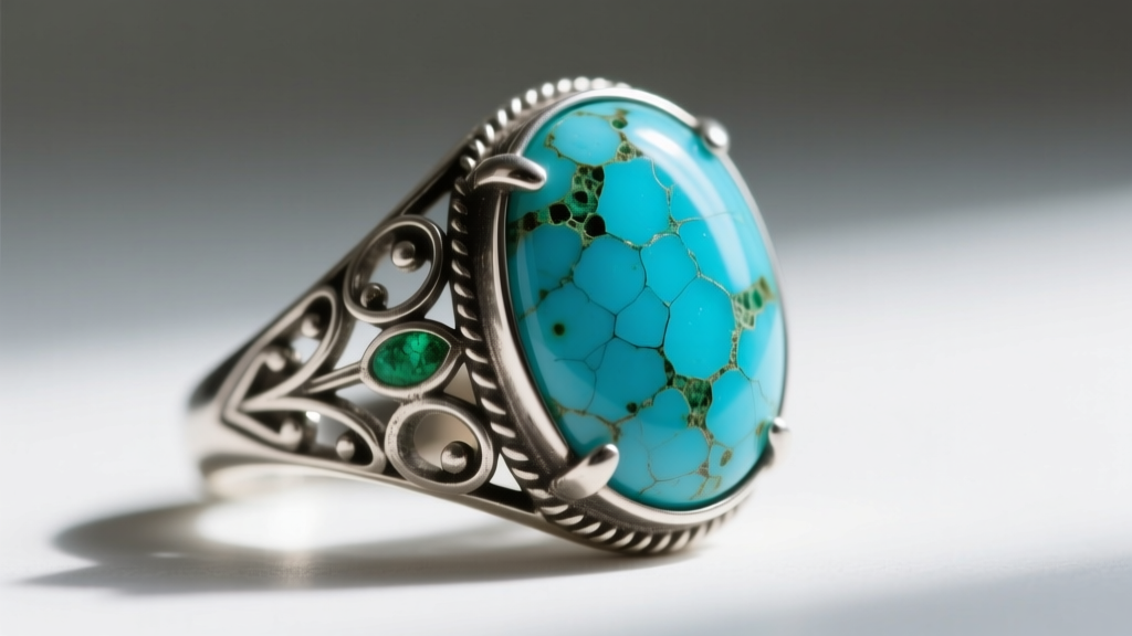 Macro shot of a porous turquoise cabochon ring with silver filigree showing slight discoloration from improper chemical cleaning