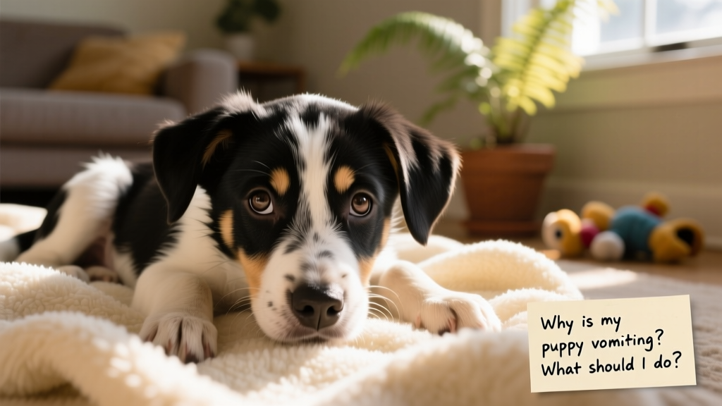 Close-up of a concerned puppy resting on a soft blanket, looking slightly lethargic but alert